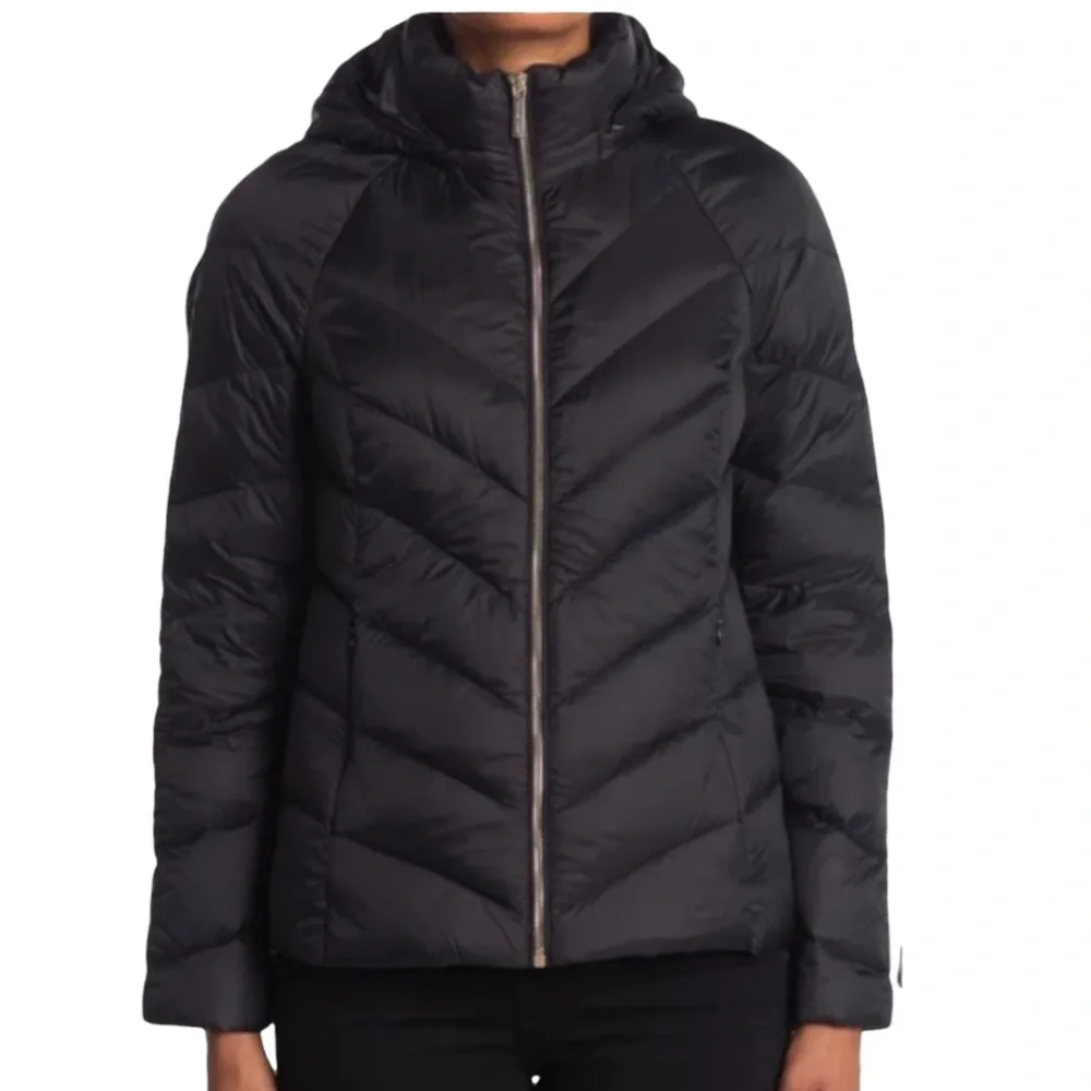 MICHAEL MICHAEL KORS Packable Down Puffer Coat Removable Hood FLAWED Black L NWT